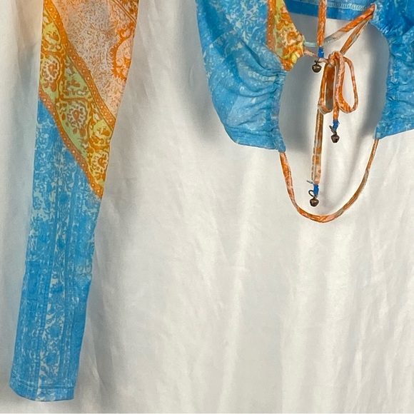 Free People Women's Paisley Boho Long Sleeve Mesh Cropped Open Back Top Size XS - Picture 15 of 16